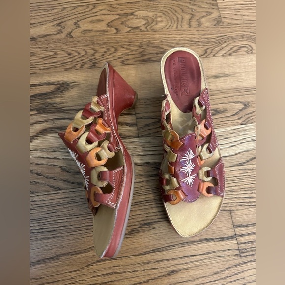 Pikolinos Boho Aztec Leather Mule Slide Open Toe Red  Heel Sandal Size 36 - Picture 3 of 11